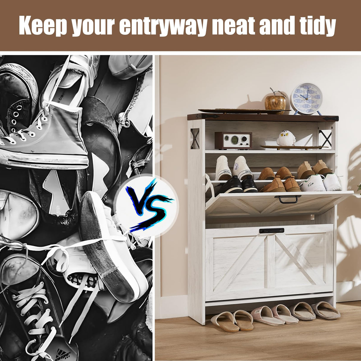 EXRIARO Shoe Cabinet Storage for Entryway, Shoe Storage Cabinet with 2 Flip Drawers, Farmhouse Shoe Storage Organizer Cabinet for Heels,Slippers,Sneakers (White) EXRIARO