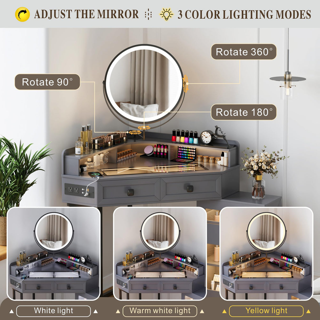 Corner Vanity with Mirror and Lights,Modern Makeup Vanity with Charging Station for Bedroom/Cloakroom,Glass Top Vanity Desk with Drawers and Shelves,Grey Dystler