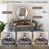 Corner Vanity with Mirror and Lights,Modern Makeup Vanity with Charging Station for Bedroom/Cloakroom,Glass Top Vanity Desk with Drawers and Shelves,Grey Dystler