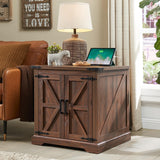 Barnyatoh Farmhouse End Table with Charging Station,24" Large Sofa Side Table with Barn Door, Rustic Wood Square Nightstand Bedside Table with Adjustable Storage Shelf for Living Room, Bedroom,Walnut Barnyatoh