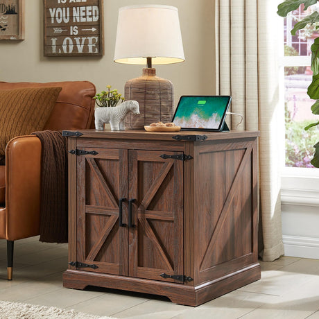 Barnyatoh Farmhouse End Table with Charging Station,24" Large Sofa Side Table with Barn Door, Rustic Wood Square Nightstand Bedside Table with Adjustable Storage Shelf for Living Room, Bedroom,Walnut Barnyatoh