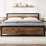 GarveeHome King Size Bed Frame, Industrial King Bed Platform with Headboard No Box Spring Needed, 14 Inch Easy Assemble King Mattress Bedframe, Retro Brown GarveeHome