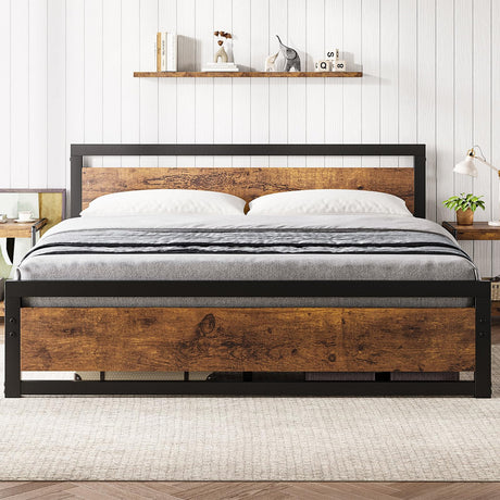GarveeHome King Size Bed Frame, Industrial King Bed Platform with Headboard No Box Spring Needed, 14 Inch Easy Assemble King Mattress Bedframe, Retro Brown GarveeHome