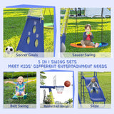 Swing Sets for Backyard with Kids Slide Outdoor Heavy-Duty Metal Playset for Kids 440lbs 5 in 1 Swing Set with Slide, Saucer Seat, Belt Seat, Soccer Goals and Basketball Hoop SENCHO GINSYTALIOR