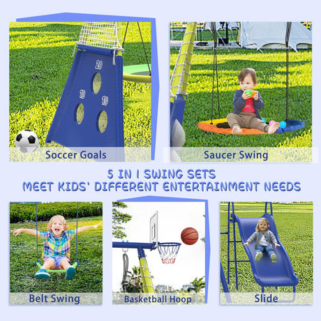 Swing Sets for Backyard with Kids Slide Outdoor Heavy-Duty Metal Playset for Kids 440lbs 5 in 1 Swing Set with Slide, Saucer Seat, Belt Seat, Soccer Goals and Basketball Hoop SENCHO GINSYTALIOR