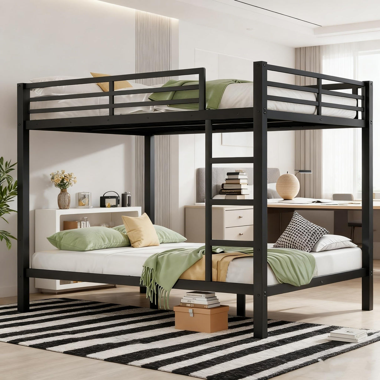 EMKK Metal Bunk Bed Full Over Full with Guardrails,Bedframe,Bunk Beds for Dorm,Bedroom,Guest Room,Heavy Duty Metal Slats, Noise Free, No Box Spring Needed, Black EMKK