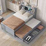 Twin Size Platform Bed with Storage Headboard, Twin Size Platform Bed with TwinSize Trundle and 3 Drawers&USB,Solid Wood Bed Frame with Storage Kids,No Box Spring Needed. (Gray) Bellemave
