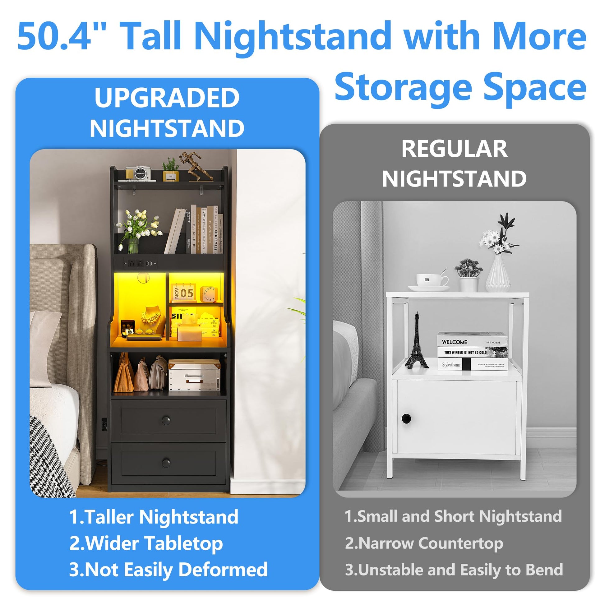 EnHomee Tall Nightstand with USB Ports, 20-Color LED Lights & 2 Drawers - Black Farmhouse Design - WoodArtSupply