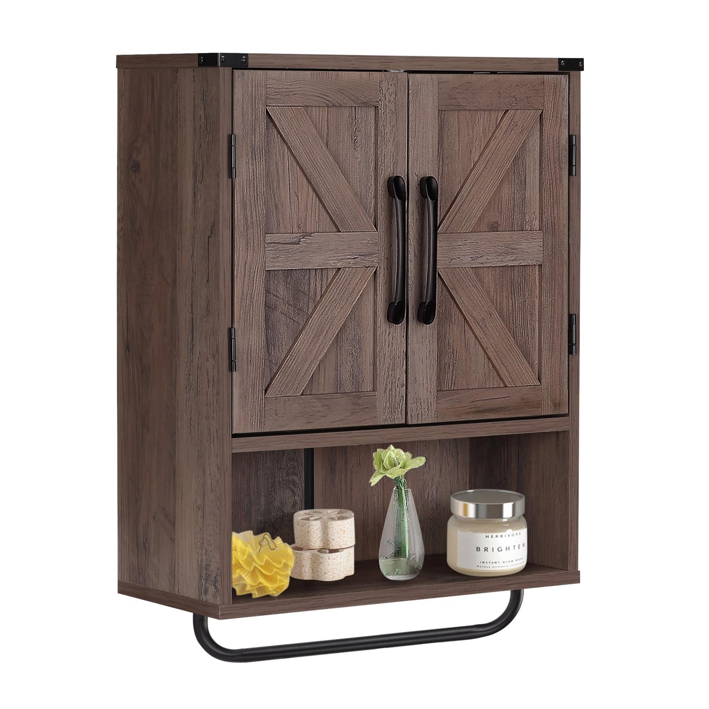 RUSTOWN Farmhouse Wall Storage Cabinet with Two Barn Door, Rustic Mounted Medicine Cabinet with Adjustable Shelf and Towel Bar, 3-Tier Wood Cabinet for Kitchen, Bathroom, Living Room (Washed Oak)