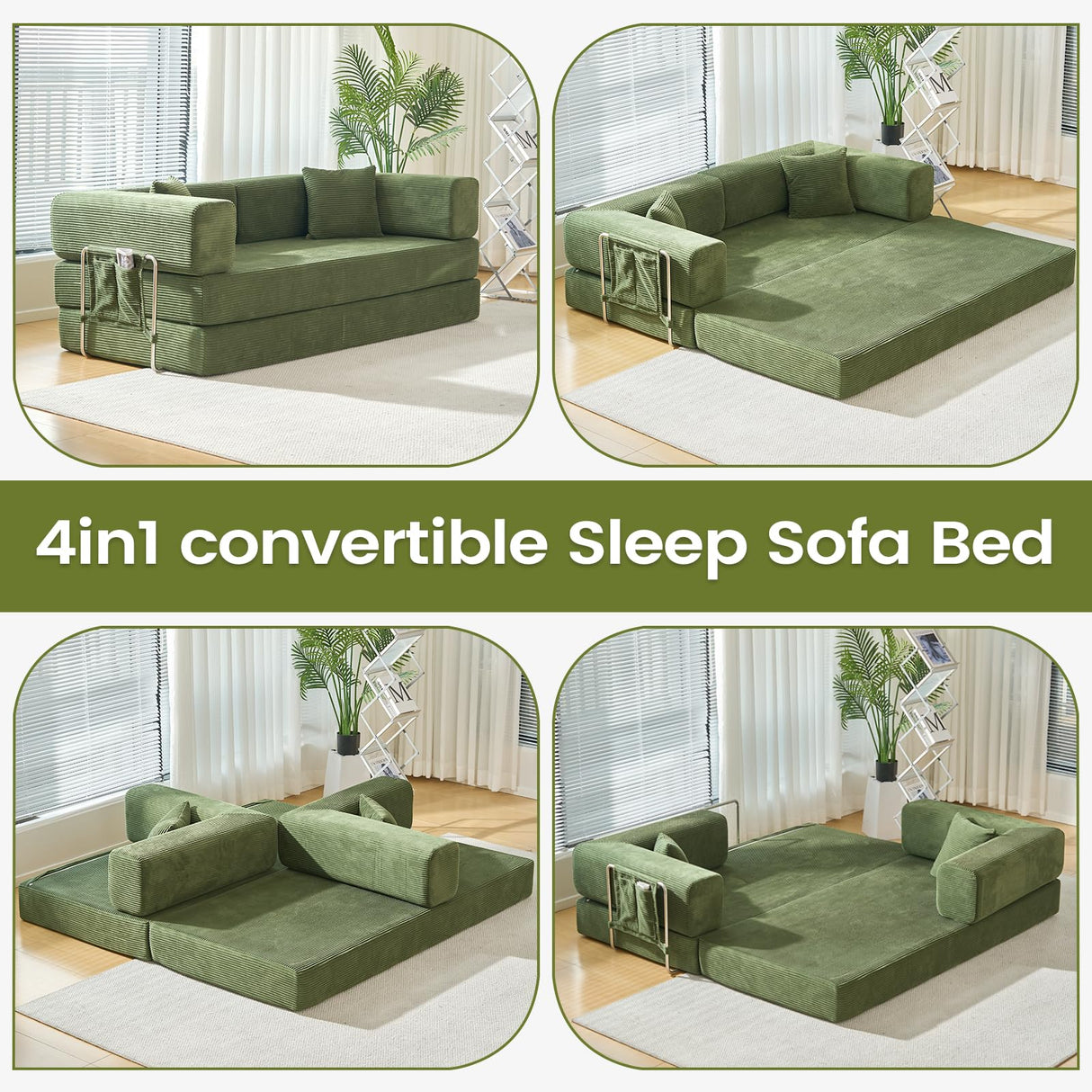 GEARIVY Folding Sofa Bed Convertable Corduroy Couch King Size Floor Sleeper 4-in-1 DIY Combination Modular Sofa Fold Out Futon Lounge Comfy Foldable Lazy cama for Living Room (Green, 70.86") GEARIVY