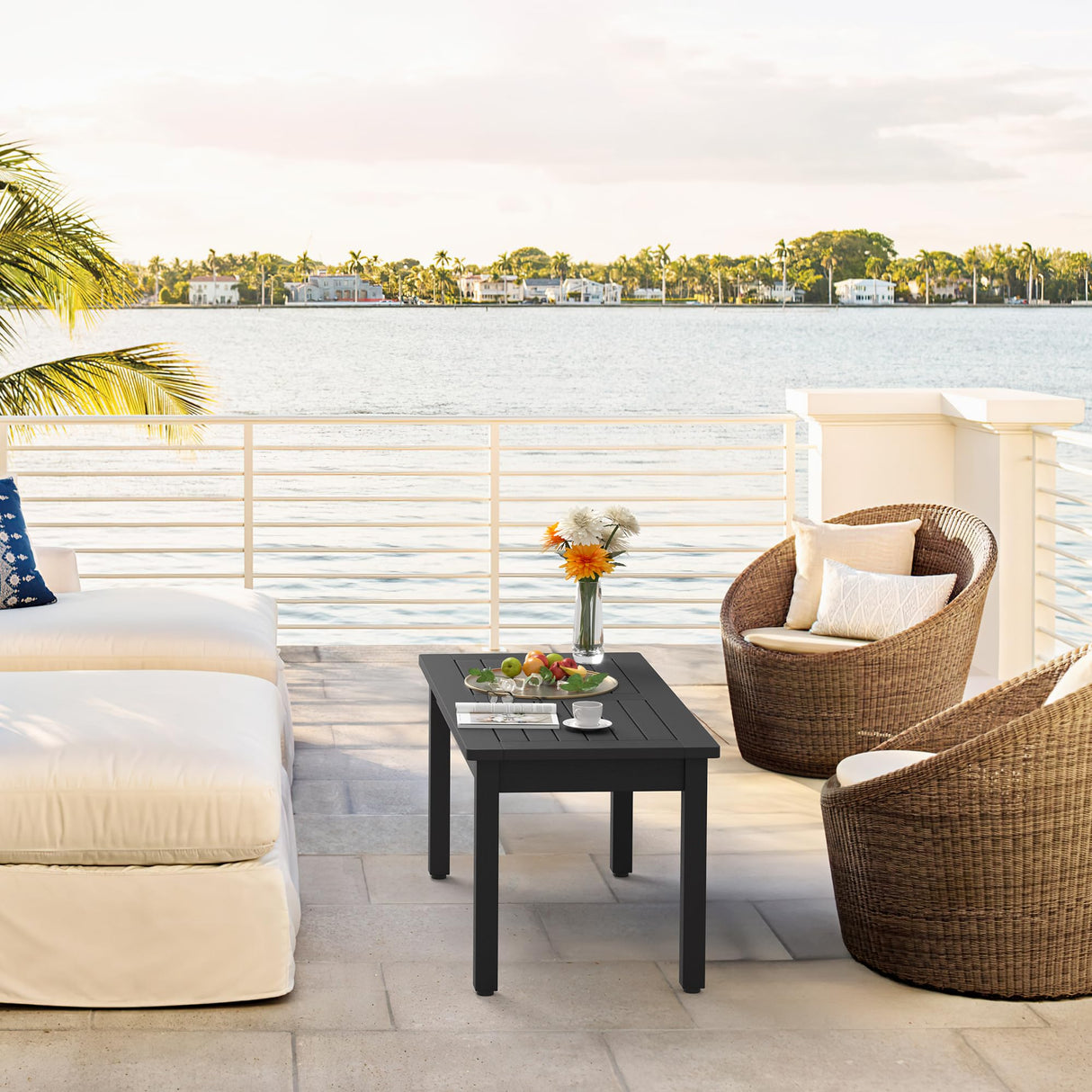 LUE BONA Outdoor Coffee Table Rectangle, HDPS Patio Coffee Tables for Outside, All Weather Patio Coffee Table with Slatted Tabletop for Deck, Garden, Balcony, Indoor or Outdoor Use, Black LUE BONA