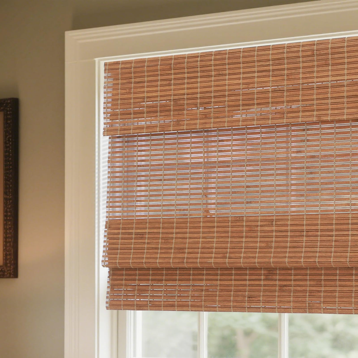 Sunbox Bamboo Roman Shades, Cordless Bamboo Blinds, Custom Size, Light Filtering Window Treatment, Natural Woven Wood Roman Shades for Windows, Doors, Caramel Sunbox