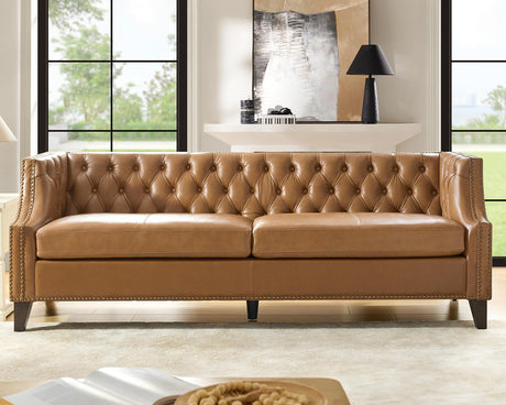 HULALA HOME 84" Genuine Leather Sofa Couch with Solid Wood Legs, Button-Tufted Chesterfield 3-Seater Sofa, Mid Century Modern Upholstered Couch for Living Room, Entertainment Area, Apartment, Camel HULALA HOME
