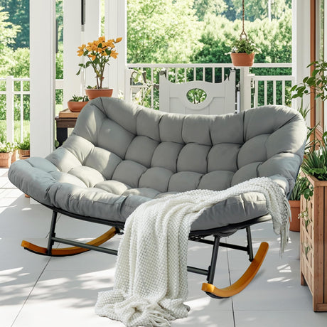 TIMWNER Double Papasan Patio Rocking Chair,Double Oversized Papasan Rocking Chair with Thick Cushions,Perfect for Indoor, Patio, or Balcony Use, Modern Outdoor Loverseat for Two.Grey TIMWNER