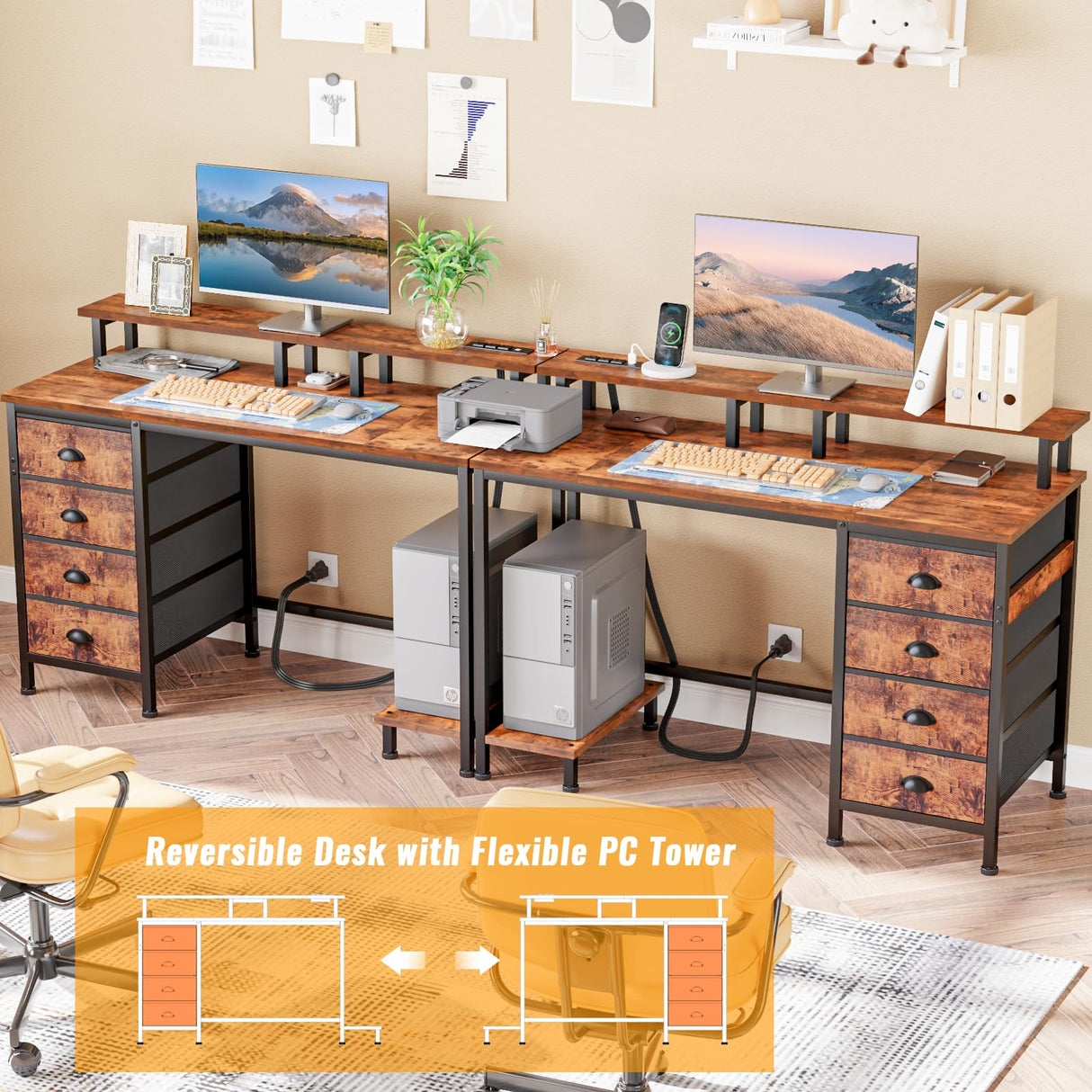 Furologee Desk with Power Outlets and LED Lights, 47in Gaming Computer Desk with 4 Fabric Drawers, Home Office Desk with Full Monitor Stand and Shelf, Study Writing Desk Bedroom, Rustic Brown Furologee
