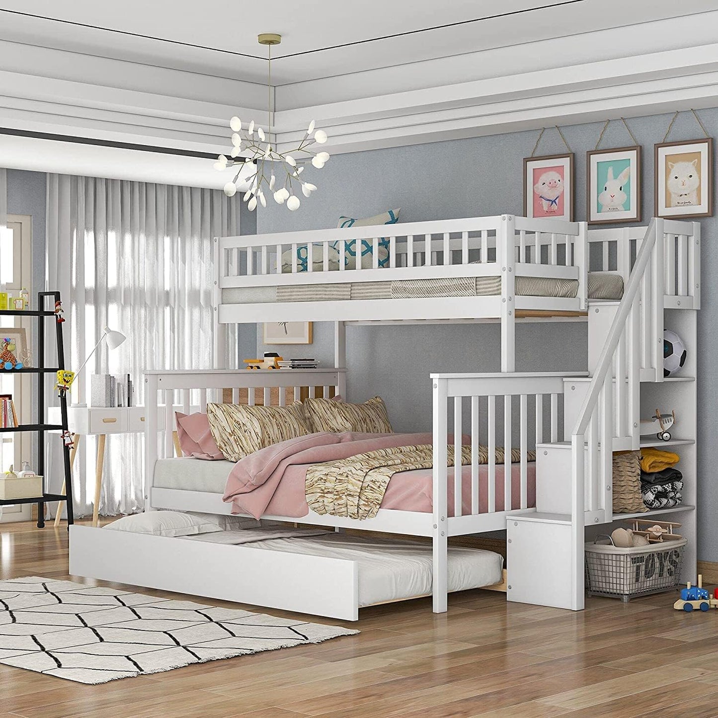 Harper & Bright Designs Twin Over Full Bunk Beds with Twin Size Trundle & Stairway, Solid Wood Bunk Bed Twin Over Full Size with Storage and Guard Rail for Bedroom, Dorm, Kids, Teens,Adults,White