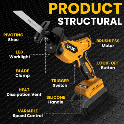 Cordless Reciprocating Saw for DeWalt 20V Battery, 3 Variable Speed 0-3500 Brushless Recipro Saw, Tool-free Blade Change, 4 Saw Blade Potable Recipro Saw kit for Wood/Metal/PVC Cuts - Tool On - WoodArtSupply