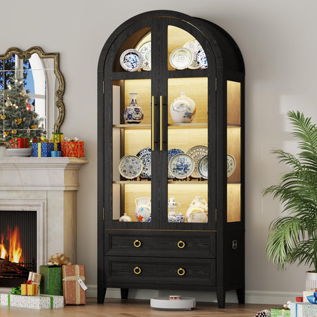 Vlsrka 71" Arched Curio Cabinet with Glass Doors, 4-Shelves Display Cabinet and 2 Drawers, Display Case with 3 Color Lights, Tall Bookcase, Kitchen Pantry, Black+Wood Vlsrka