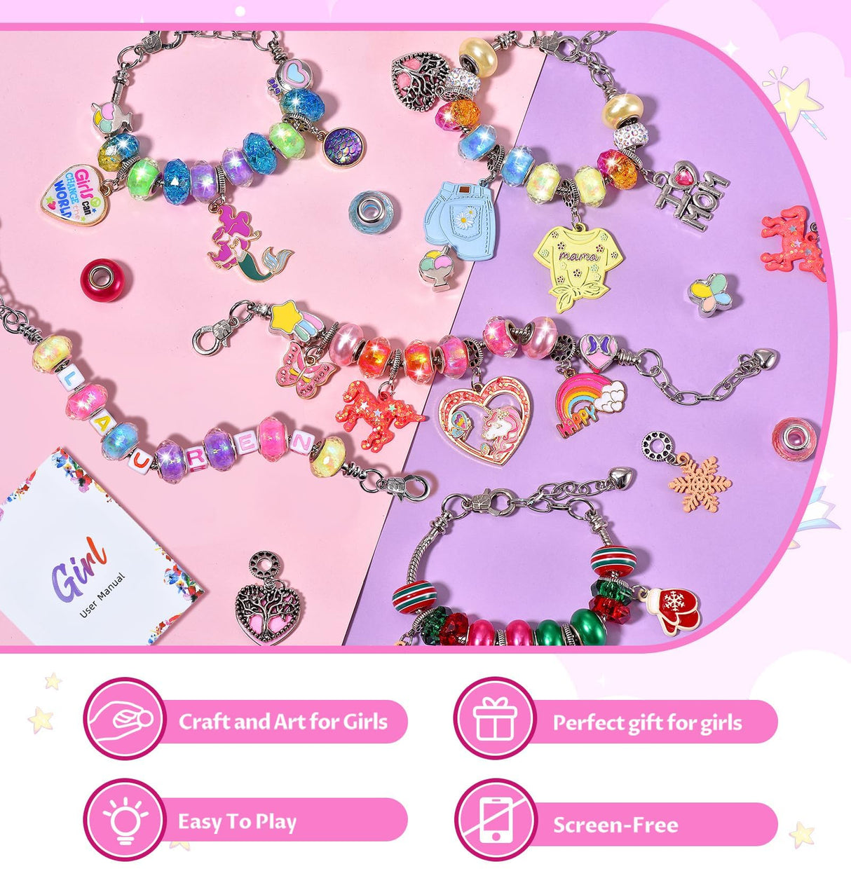 Girls Charm Bracelet Making Kit - Unicorn Jewelry Supplies Make Set DIY Art Craft Set Charm Bracelets Kits Creative Birthday Gifts for Kids Age 6 7 8 9 10 11 12 Year Old Girl Little Children Girl Toys COO&KOO