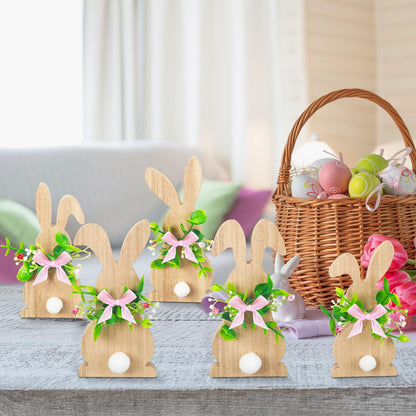 GlikCeil 5 Pcs Easter Bunny Wood Decor Easter Bunny Signs Wooden Easter Decorations Spring Rustic Wood Centerpieces Farmhouse Tabletop Wooden Rabbit Statue with Flower and Bow for Home Easter Gifts