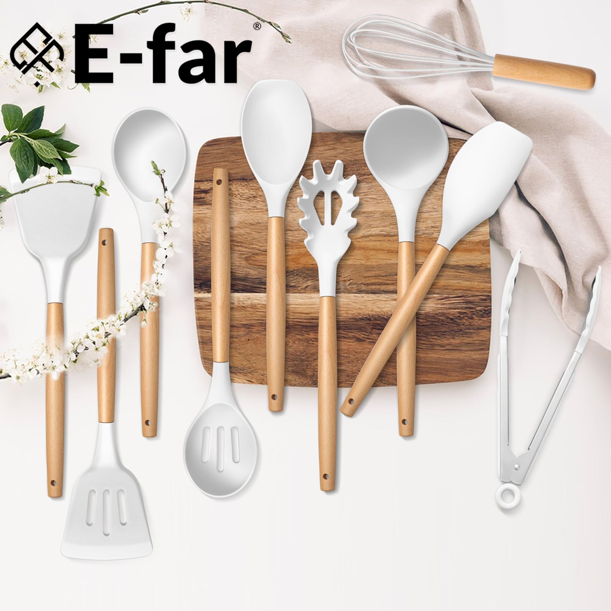 E-far Silicone Cooking Utensils Set, 446℉ Heat Resistant 10PCS Kitchen Utensils Set with Wooden Handle for Nonstick Cookware, Kitchen Tools Spatula Whisk Tongs Ladle, Non-toxic & Healthy, Whi - WoodArtSupply