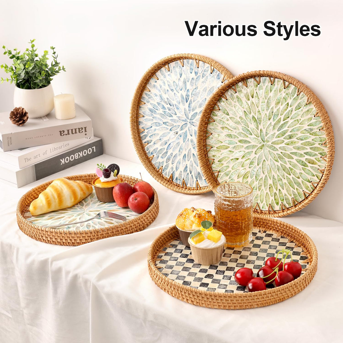 Tynulox Round Rattan Tray with Mother of Pearl Inlay, Rattan Serving Tray for Coffee, Bread, Fruits, Decorative Wicker Tray for Table Decor, Home Decor, Kitchen Island Decor(Round Checkerboard, 11.8") Tynulox