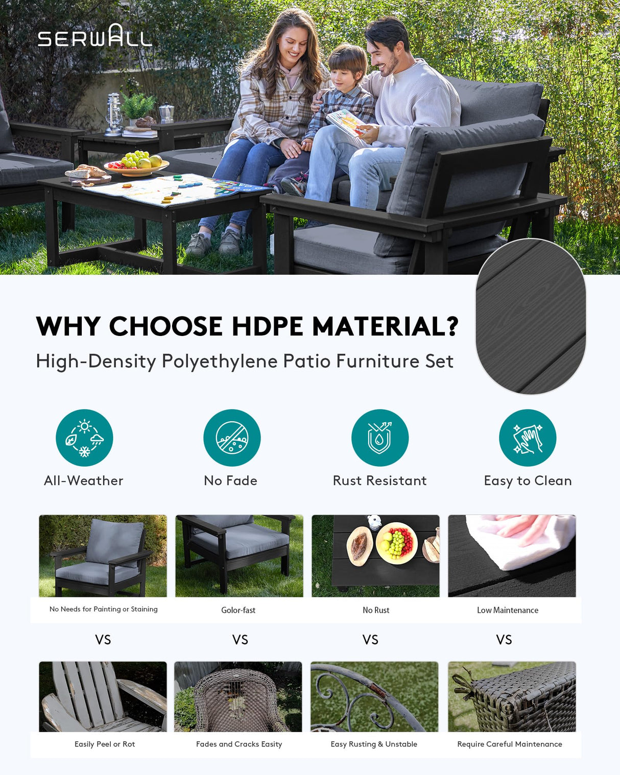 SERWALL HDPE Patio Furniture Set, 7-Piece Outdoor Sectional Sofa Set, All Weather Outdoor Couch Set for Deck, Lawn, Black Frame with Grey Cushion SERWALL