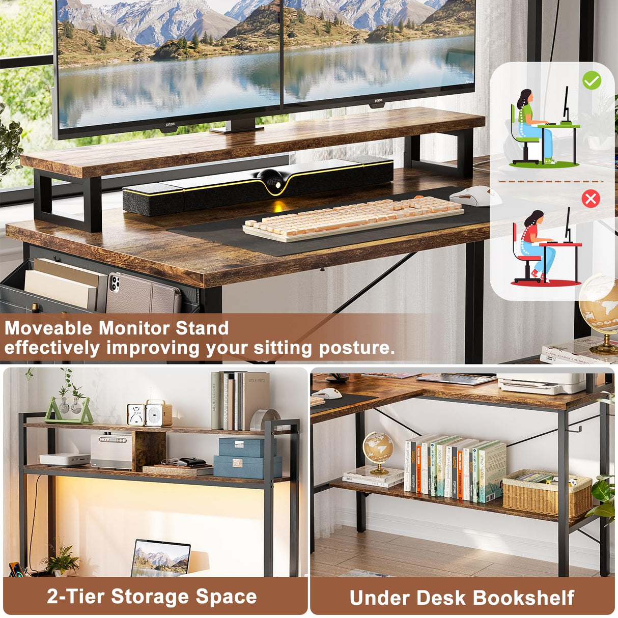 Aheaplus L Shaped Gaming Desk with Power Outlets & LED Lights, Small L-Shaped Desk Computer Corner Desk with Monitor Stand & Storage Shelf, Home Office Desk Writing Desk with Storage Bag, Rustic Brown Aheaplus