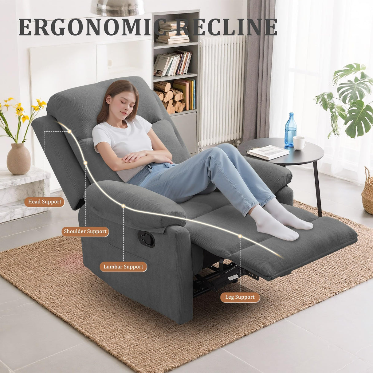 Korser Recliner Chair, Manual Recliner for Adults with Side Pocket, Small Recliners for Small Spaces, Adjustable Comfy Overstuffed Corduroy Reclining Chairs for Living Room, Reading, Bedroom, Grey Korser