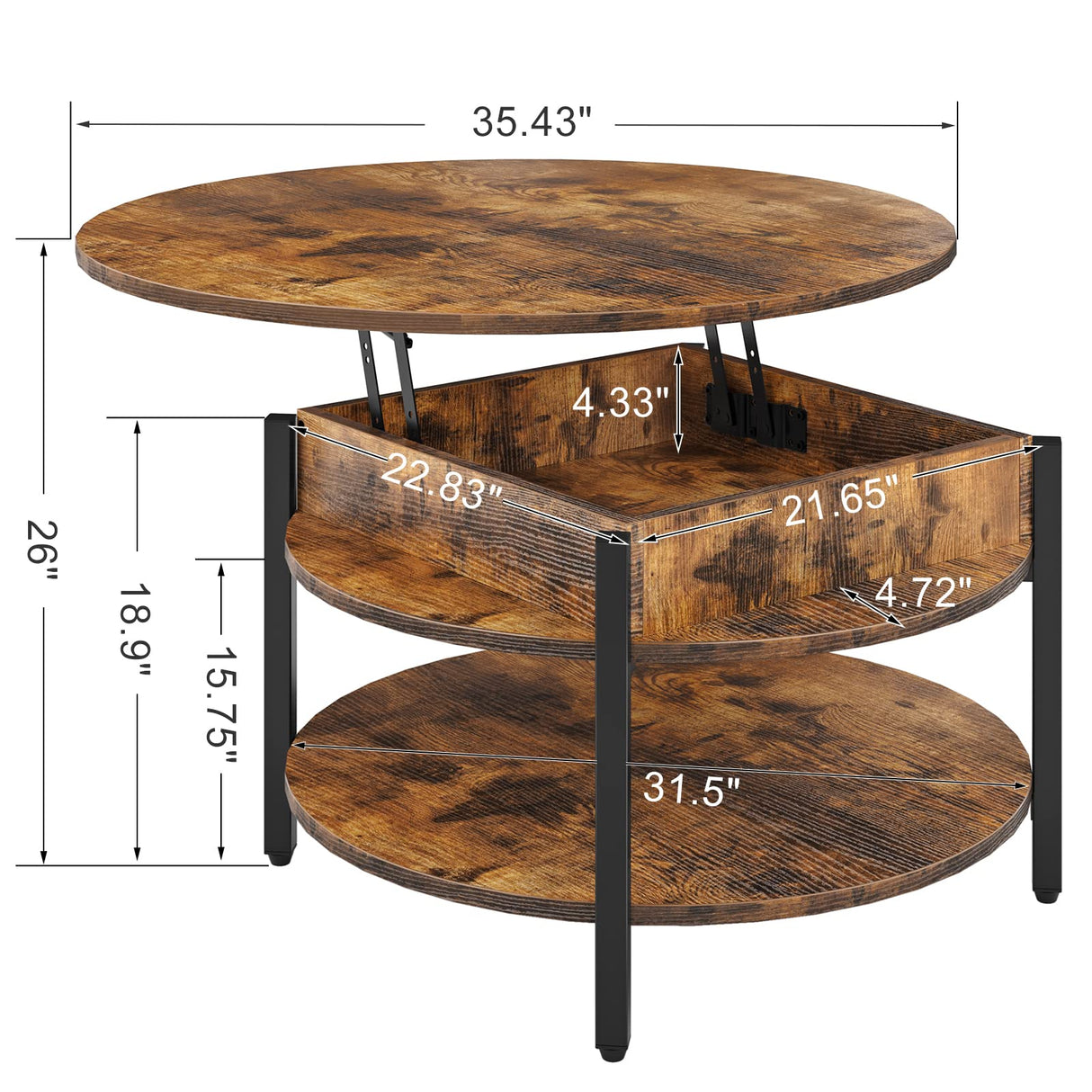 FABATO Round Lift Top Coffee Table for Living Room, 35.43'' Round Coffee Table with Storage and Hidden Compartment, 2 Tier Large Farmhouse Coffee Table Round Dining Table, Rustic Brown FABATO