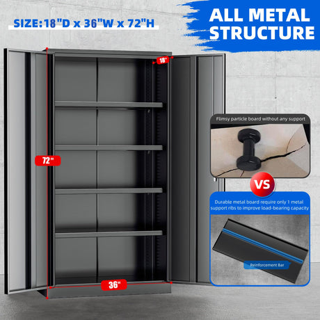 Superday Metal Garage Storage Cabinet with Lock, 72"×36"×18" Metal Storage Cabinets with 2 Doors and 4 Shelves, Black Locking Tool Cabinets for Home Office, Garage, File, Gym, School Superday