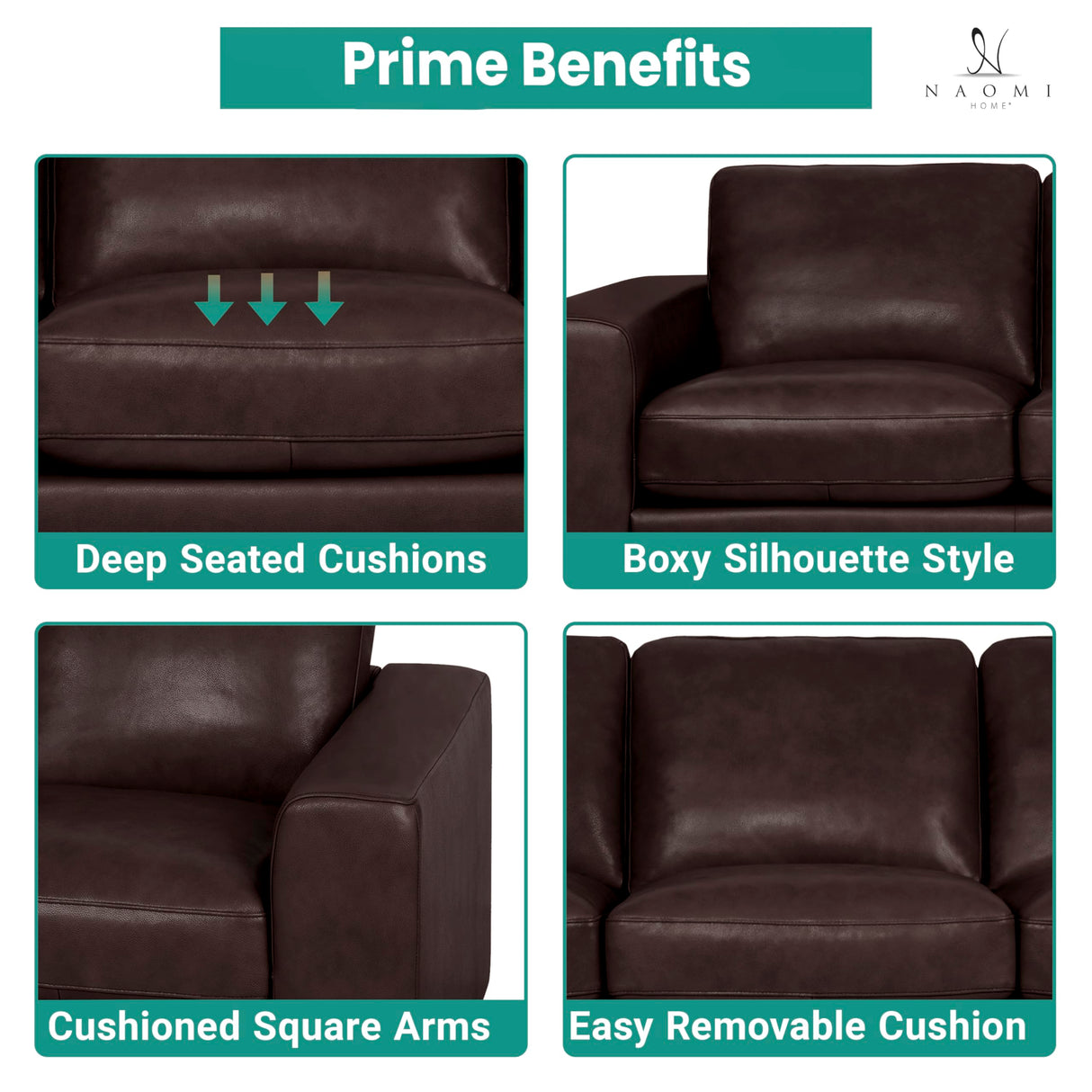 Naomi Home Freya Genuine Leather Sofa - Luxurious Comfort, Goose Feather Cushion Filling, Square Arm Design, Sturdy Block Legs, Elegant Espresso - Ideal for Living Room, Office, or Bedroom Naomi Home