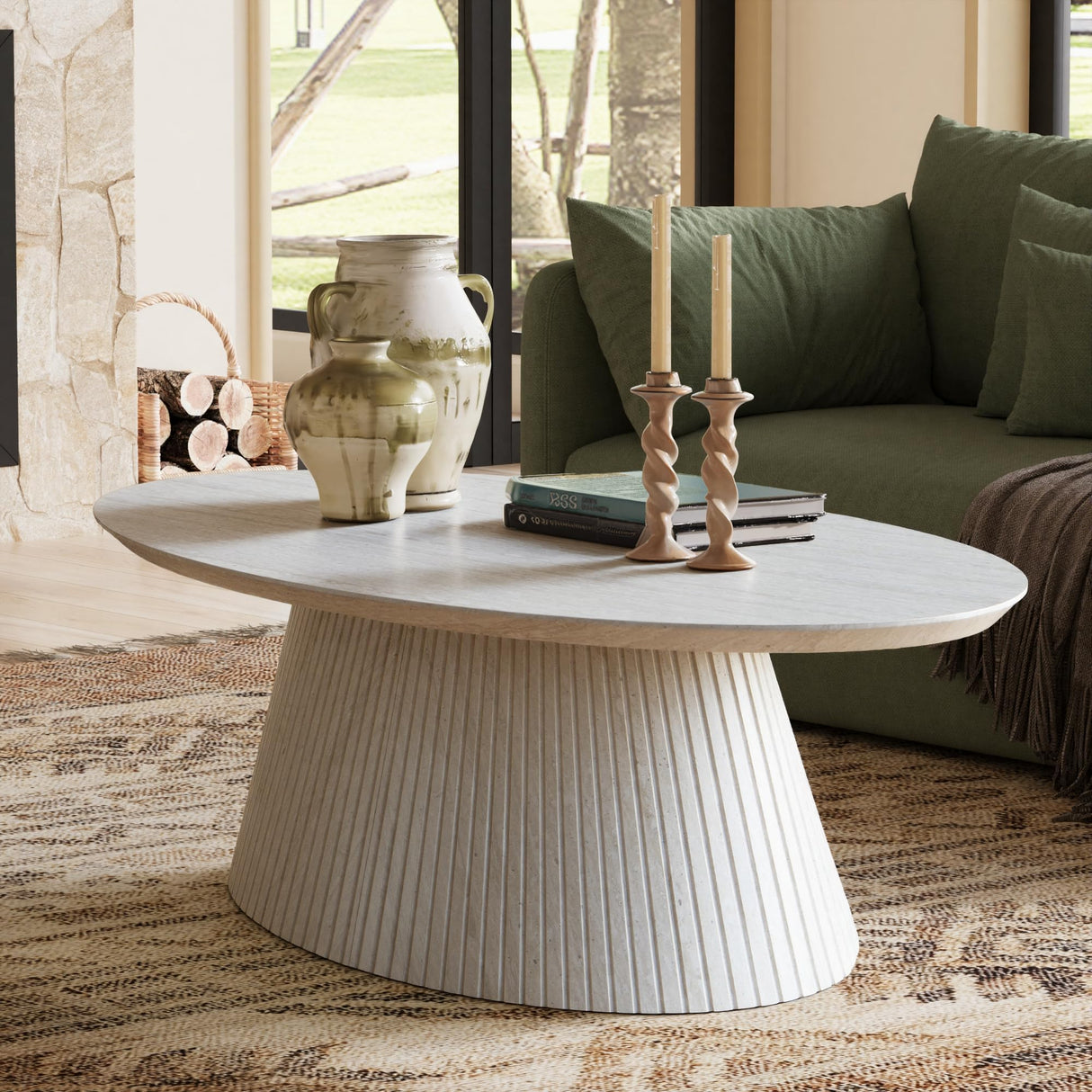 win2win Oval Coffee Table, Modern Faux Stone Coffee Table with Fluted Design, Travertine Tea Table with Tapered Base, Minimalist Center Table for Living Room, Apartment, Office, Stone win2win