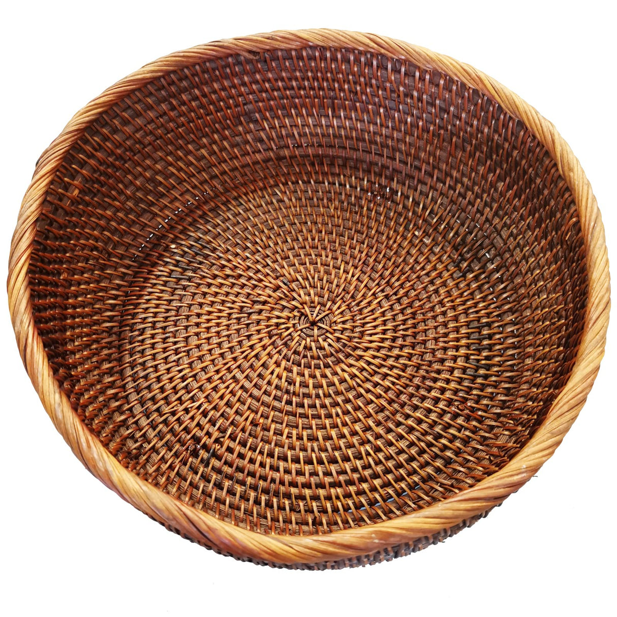 AMOLOLO 10 Inch Round Rattan Bowl Basket, Handmade Wicker Basket Tray with Scalloped Edge and 4”Deep Wall, Decorative Woven Dark Brown Bread Basket Fruit Bowl Key Holder Table Centerpiece, L amololo
