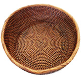 AMOLOLO 10 Inch Round Rattan Bowl Basket, Handmade Wicker Basket Tray with Scalloped Edge and 4”Deep Wall, Decorative Woven Dark Brown Bread Basket Fruit Bowl Key Holder Table Centerpiece, L amololo