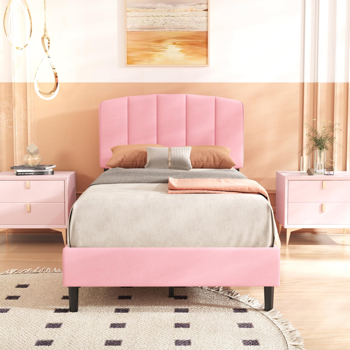 alazyhome Upholstered Twin Size Pink Platform Bed Frame with Velvet Upholstered Headboard Wooden Slats Support No Box Spring Needed Easy Assembly