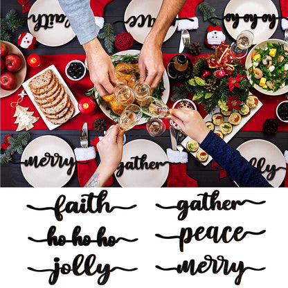 12 Pieces Christmas Word Cutout Wood Cutout Joyful Merry Thankful Grateful Blessed Peace Gather Word Sign Christmas Plate Cutout Rustic Christmas Signs for Home Table Plate Decoration, Classic Style