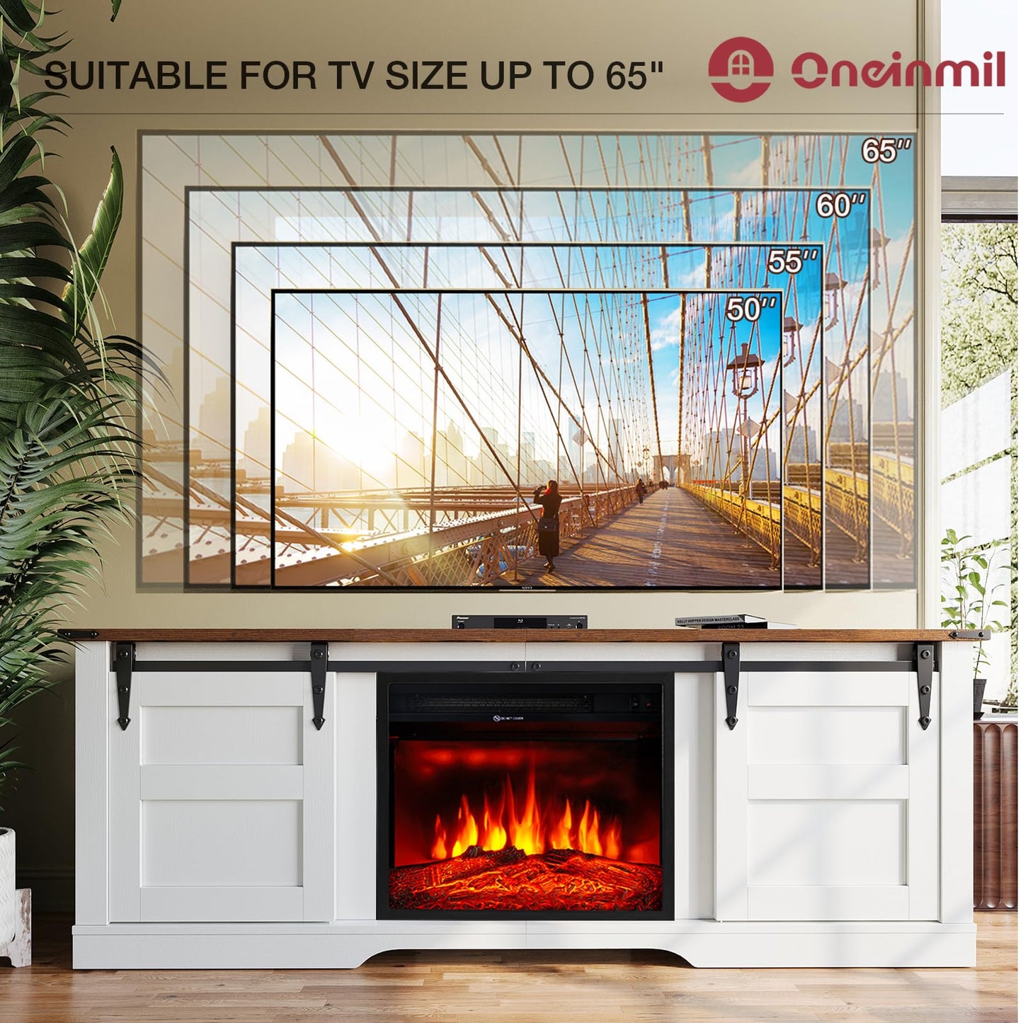 oneinmil Farmhouse Fireplace TV Stand with 18” Electric Fireplace, 58” TV Console Stand for TVs Up to 65", Entertainment Center, Fireplace for The Living Room TV Stand, Set of Shelf, White