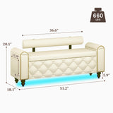 BYSAUD 51" Storage Bench, End of Bed Bench with LED Lights & Curved Arm, Upholstered Ottoman Bench with Storage, Bedroom Bench with Tufted Button & Nailhead Trim for Living Room Entryway, Beige BYSAUD
