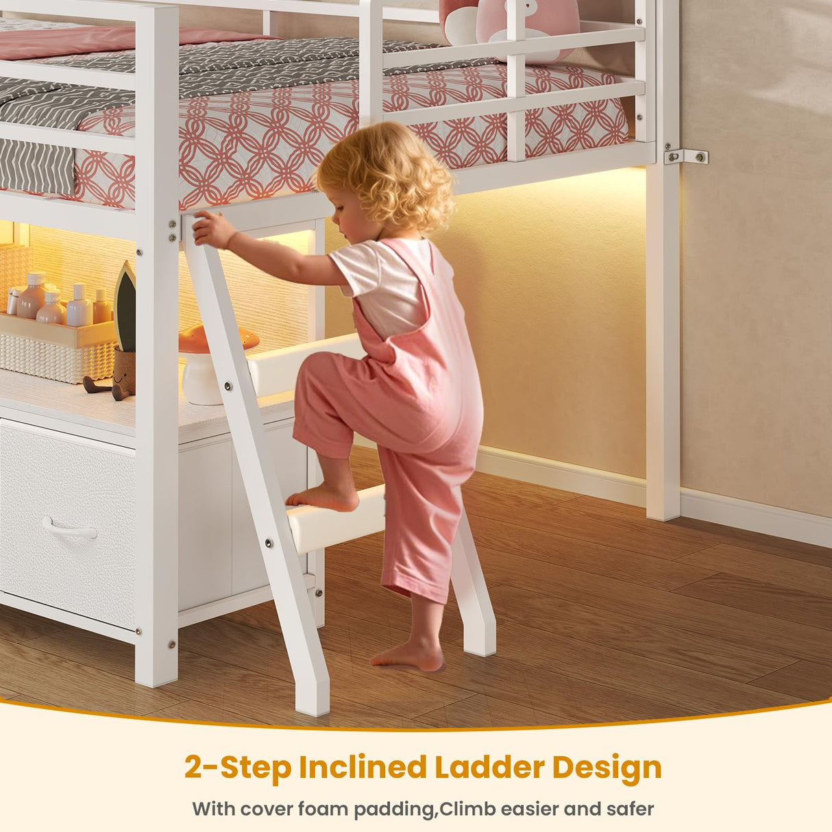 ADORNEVE Low Loft Bed Twin Size with 7 Storage Drawers, Bookcase and LED Lights, Metal Kids Loft Bed with 14" H Safety Guardrail,Inclined Ladder and Play Curtain, Under-Bed Play Space, White ADORNEVE