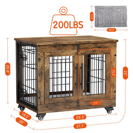 Lulive Small Dog Crate Furniture, Dog Kennel Indoor Double Doors Wooden Dog Cage, 27.1'' Heavy Duty Dog Crate with Cushion & Wheels, Decorative End Table Pet House Chew-Resistant for Small Dogs, Brown Lulive