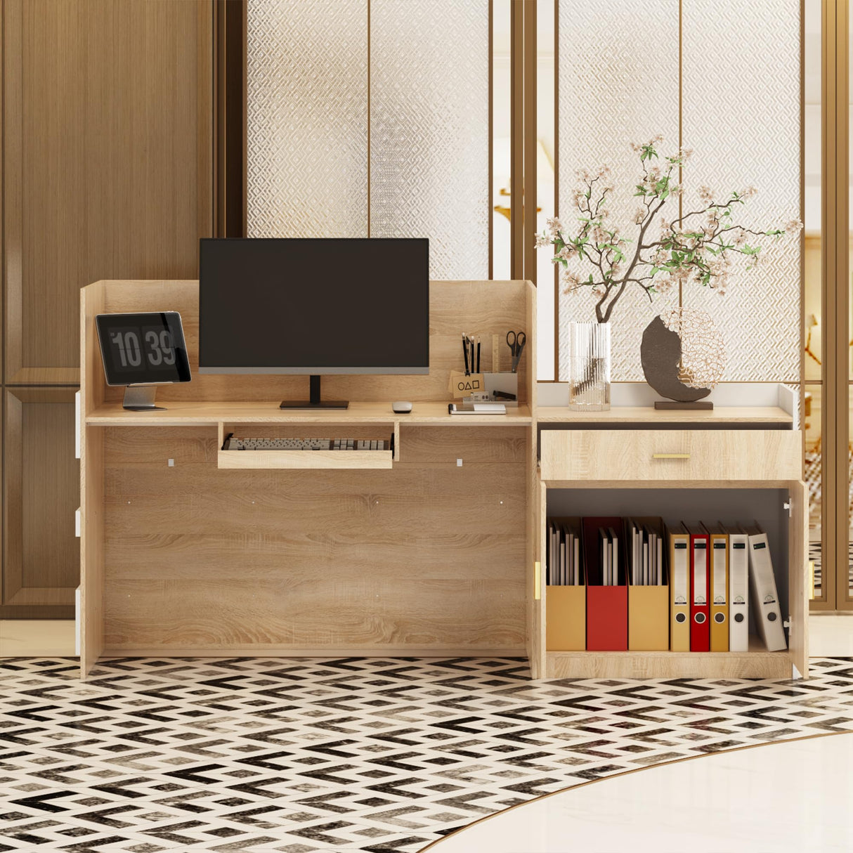 ECACAD Oak & White Reception Desk with Keyboard Tray, Retail Counter with Cabinet, Checkout Counter Table for Office Clinic Retail Lobby Salon ECACAD