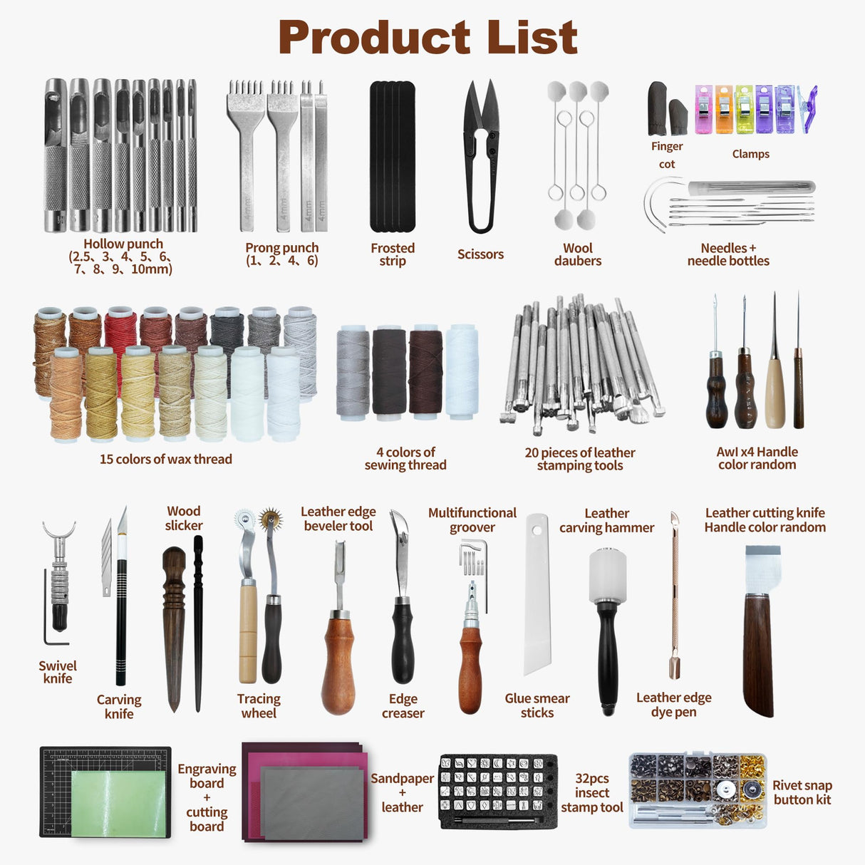 FIOQE 588Pcs Leather Craft Kit with 52 Stamps, 15 Wax Threads, Cutting Mat, 100+ Tools - DIY Leatherworking Set for Bag, Belt, Jacket - Engraving, Punching, Sewing, Stamping Tools for Beginners & Pros Fioqe