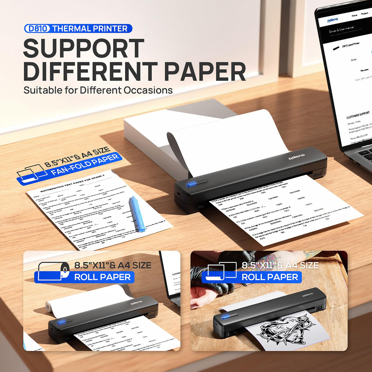 POLONO Portable Printer Wireless for Travel, D810 Bluetooth Thermal Printer Support for 8.5"x11" US Letter, Inkless Printer Compatible with iOS, Android, Laptop for Office, Car and Home, Black POLONO