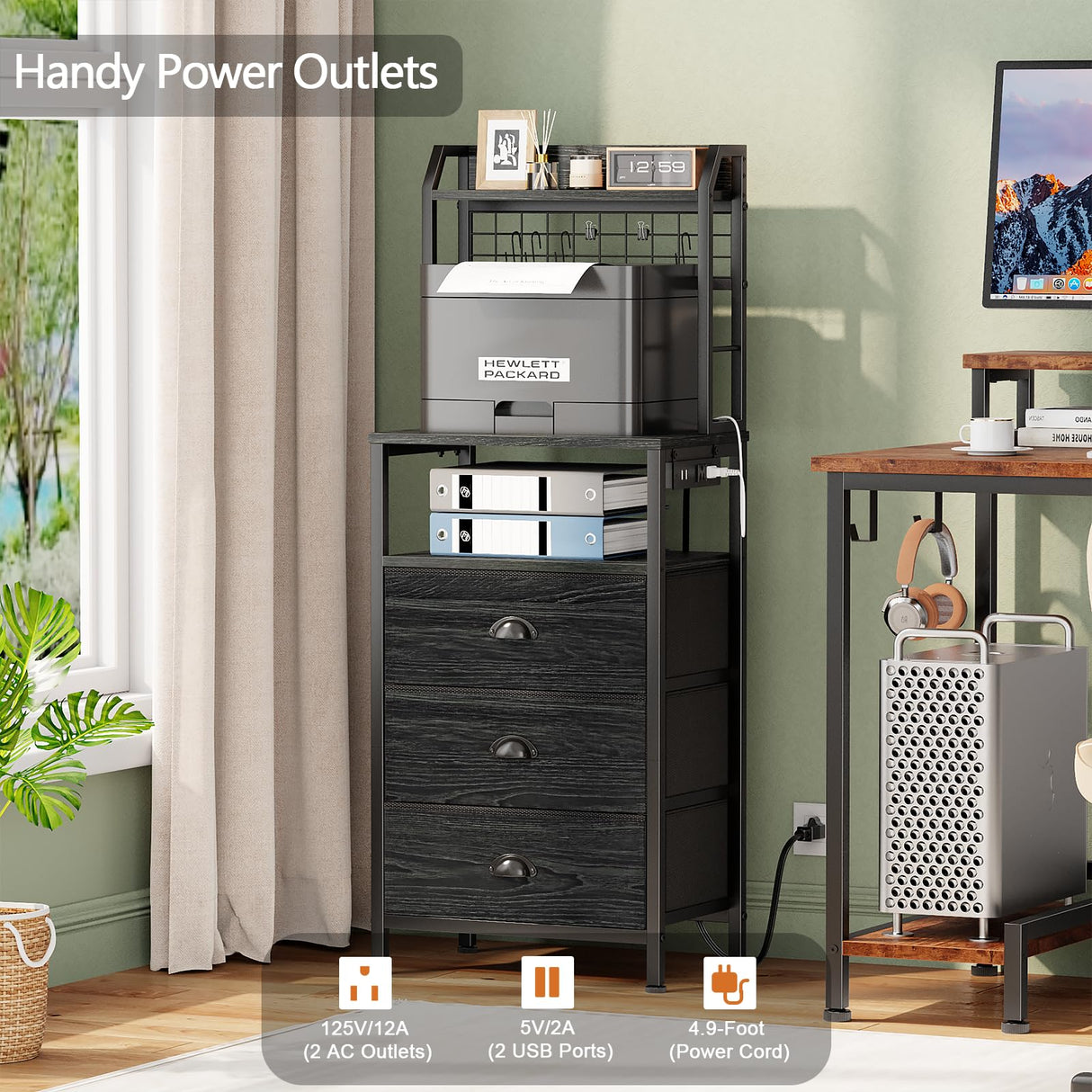 Furologee 44'' Tall Nightstand with Charging Station, Bedside Table with LED Lights, End Table with 3 Drawers and Storage Shelves, Night Stand with Pegboard for Bedroom, Black Oak Furologee