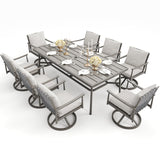 HAPPATIO 9-Piece Patio Table and Chairs Set for 8, Aluminum Outdoor Dining Set with Cushions, 8 Swivel Dining Chairs, 1 Large Rectangular Table with Umbrella Hole for Lawn, Porch, Backyard, Grey HAPPATIO
