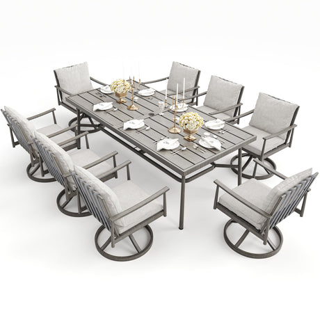 HAPPATIO 9-Piece Patio Table and Chairs Set for 8, Aluminum Outdoor Dining Set with Cushions, 8 Swivel Dining Chairs, 1 Large Rectangular Table with Umbrella Hole for Lawn, Porch, Backyard, Grey HAPPATIO