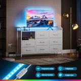 KKL White Dresser for Bedroom with Light Strip & Power Outlet — 8 Drawers Dressers & Chest of Drawers with Shelf, Wood Top, Metal Frame, Wide Dressers for Girls Bedroom, Living Room, Hallway, Closet KKL