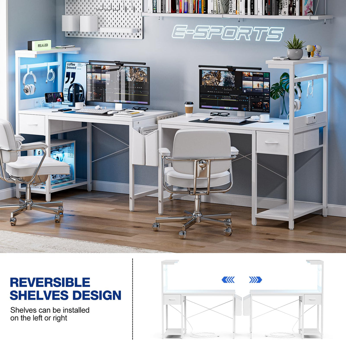 Grandder Gaming Desk 40 Inch with Power Outlet and LED Light, Computer Desk with Reversible Shelves and Storage Drawer, Pc Small Desk for Home Office Table with Bag, Carbon Fiber White Grandder