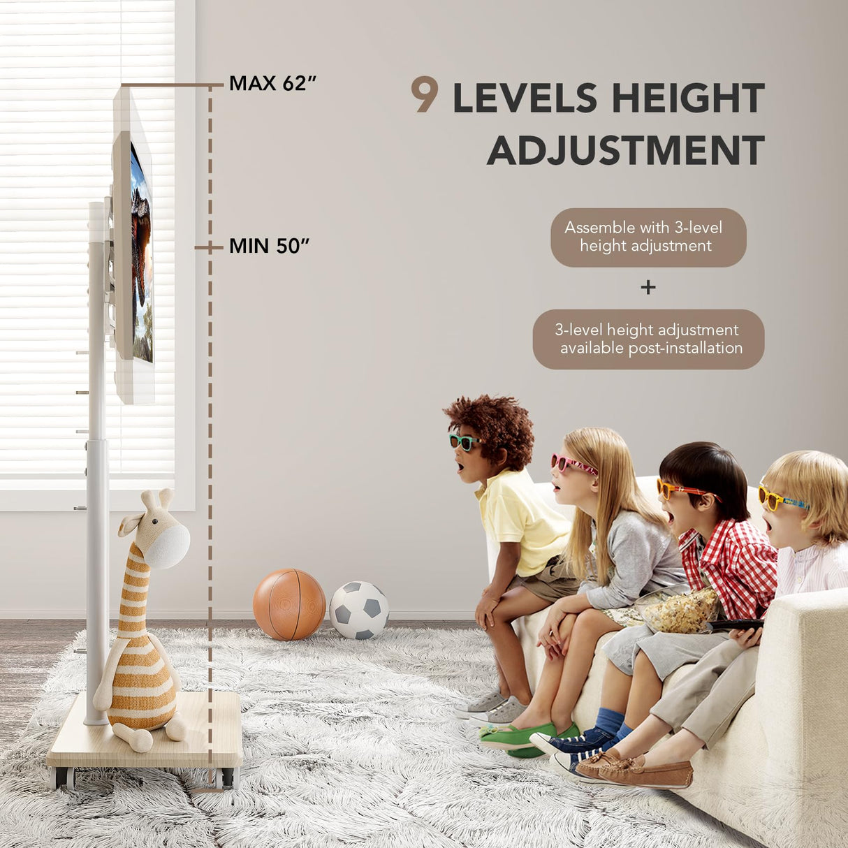 Mobile TV Stand for 27 to 65 Inch TVs, Portable Rolling TV Cart on Wheels, Tall Universal Floor Stands with Swivel Mount, Height Adjustable Sleeking Standing Mount Fit Corner, Bedroom, Outdoor AX WABER